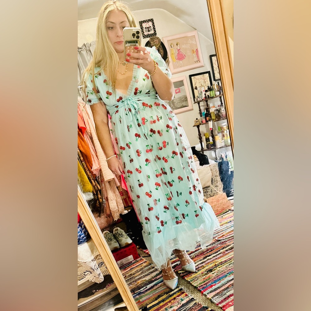 Cherry  Embroidered Puff Sleeve Midi Dress - Light Blue